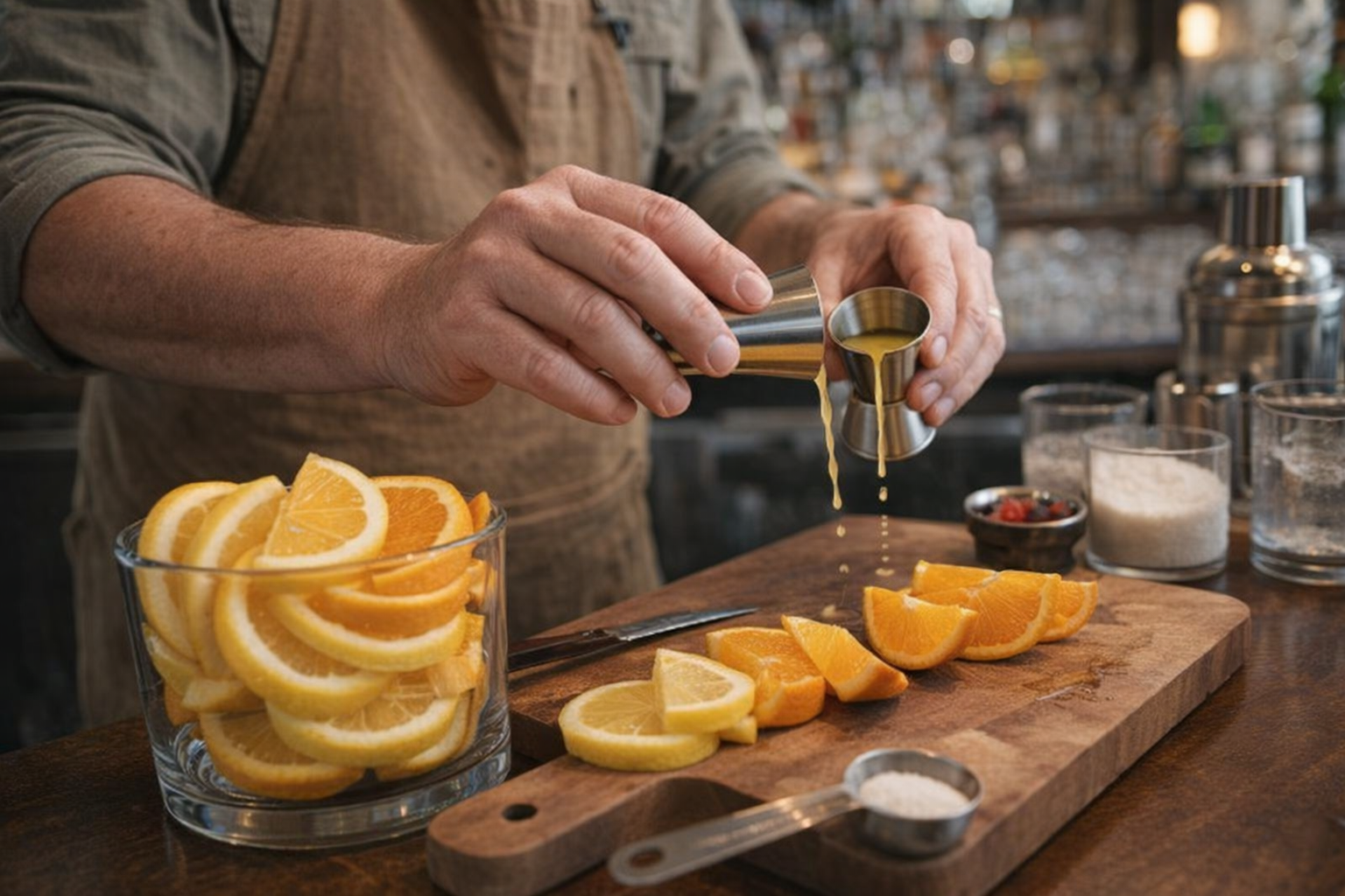 A close-up shot of a bartender's hands preparing citrus garnishes and measuring ingredients with a jigger in a well-lit bar setting